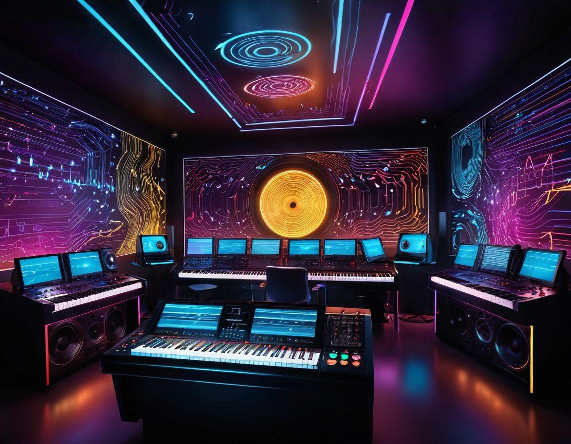 A vibrant, futuristic music studio filled with digital sound wave visualizations, colorful vinyl records, and advanced mixing equipment. A diverse group of people passionately curating music on high-tech devices, surrounded by glowing musical notes and symbols. The atmosphere is dynamic and energetic, representing the digital music revolution. super-realistic. vibrant colors. 3D.
