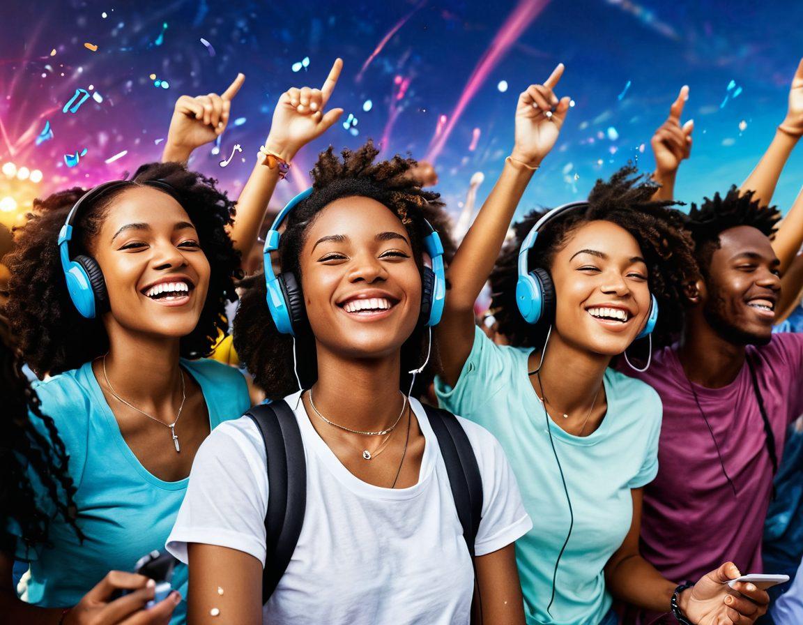A vibrant scene depicting a diverse group of music lovers connecting at a lively outdoor music festival, with colorful streaming platforms displayed in the background. They’re exchanging headphones and smiling while sharing playlists on their devices, embodying the unity and excitement of the streaming era. Bright lights and music notes swirl around, adding energy and rhythm to the atmosphere. super-realistic. vibrant colors. dynamic perspective.