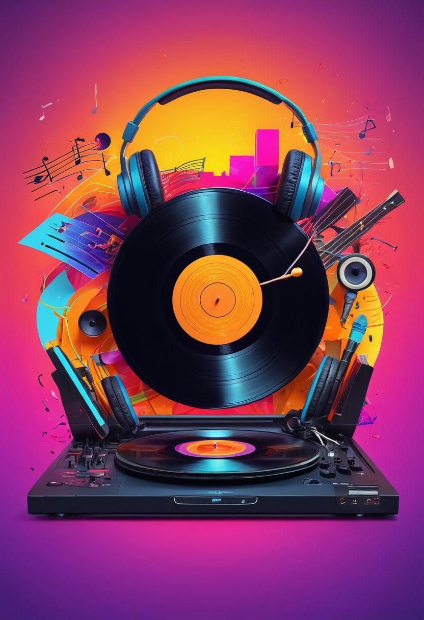 A vibrant collage of diverse musical instruments like a vinyl record, digital headphones, and a laptop with soundwave visualizations emanating from it, surrounded by colorful music notes and abstract shapes. Emphasize a sense of exploration and creativity in the digital music landscape. Include a glowing background with hints of neon colors to evoke a modern vibe. super-realistic. vibrant colors. 3D.